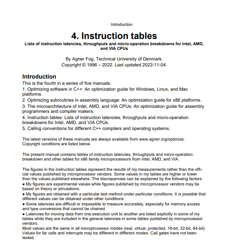 Instruction tables: Lists of instruction latencies, throughputs and micro-operation breakdowns for Intel, AMD and VIA CPUs