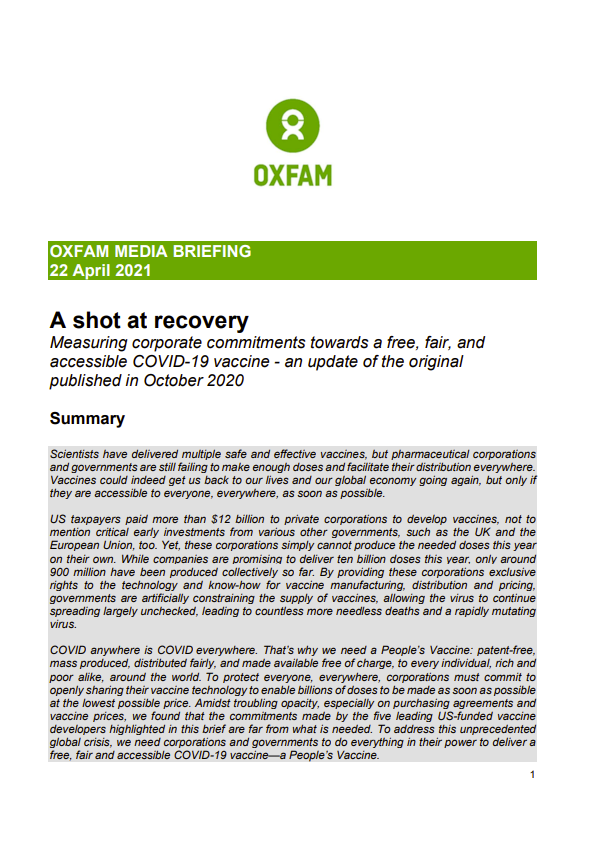 A shot at recovery: Measuring corporate commitments towards a free, fair, and accessible COVID-19 vaccine