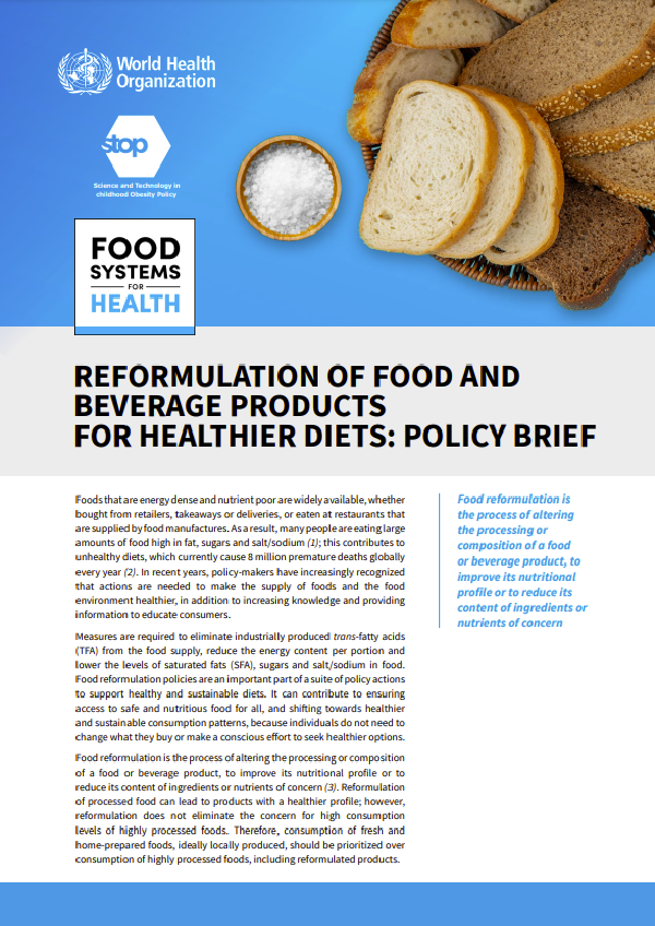 Reformulation of food and beverage products for healthier diets: policy brief