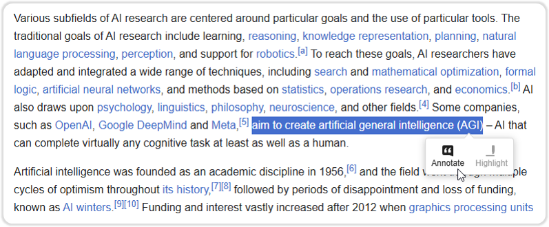 This is a screenshot that shows the use of Visual Paradigm's Annotator to annotate a text in the Wikipedia page about Artific