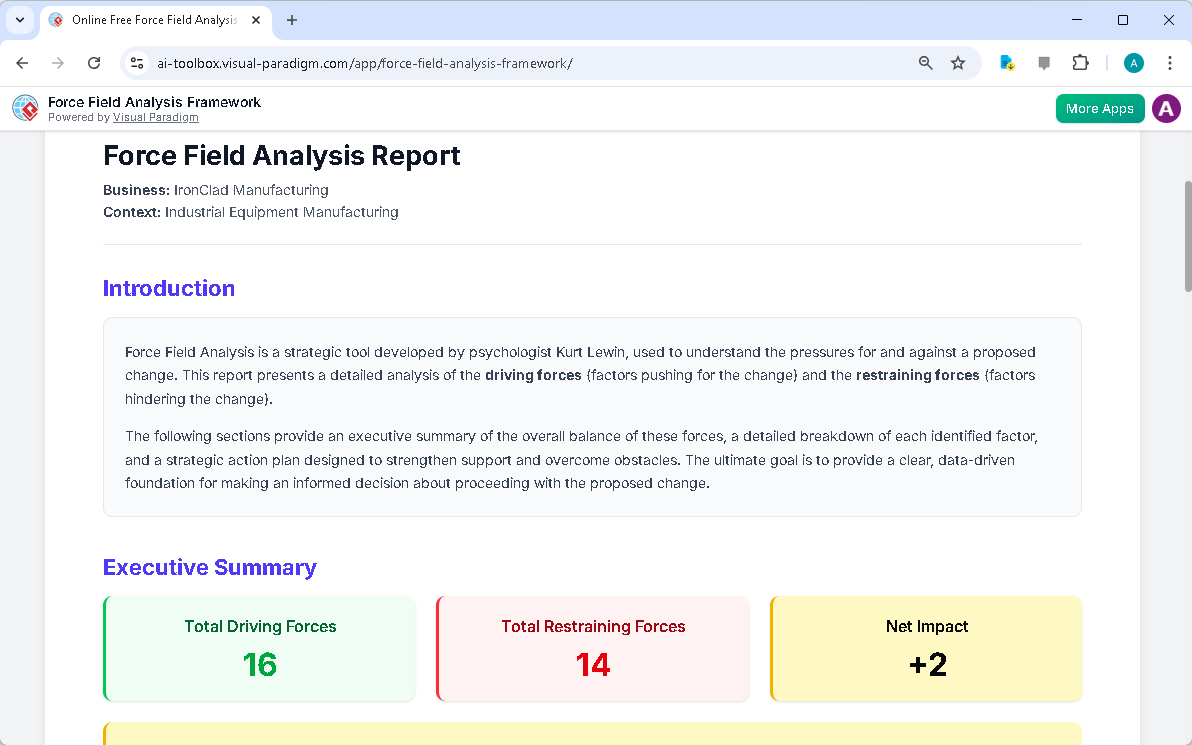 This is the screenshot of Visual Paradigm's AI-Powered Force Field Analysis Framework Tool. It is now at step 5. A report is 