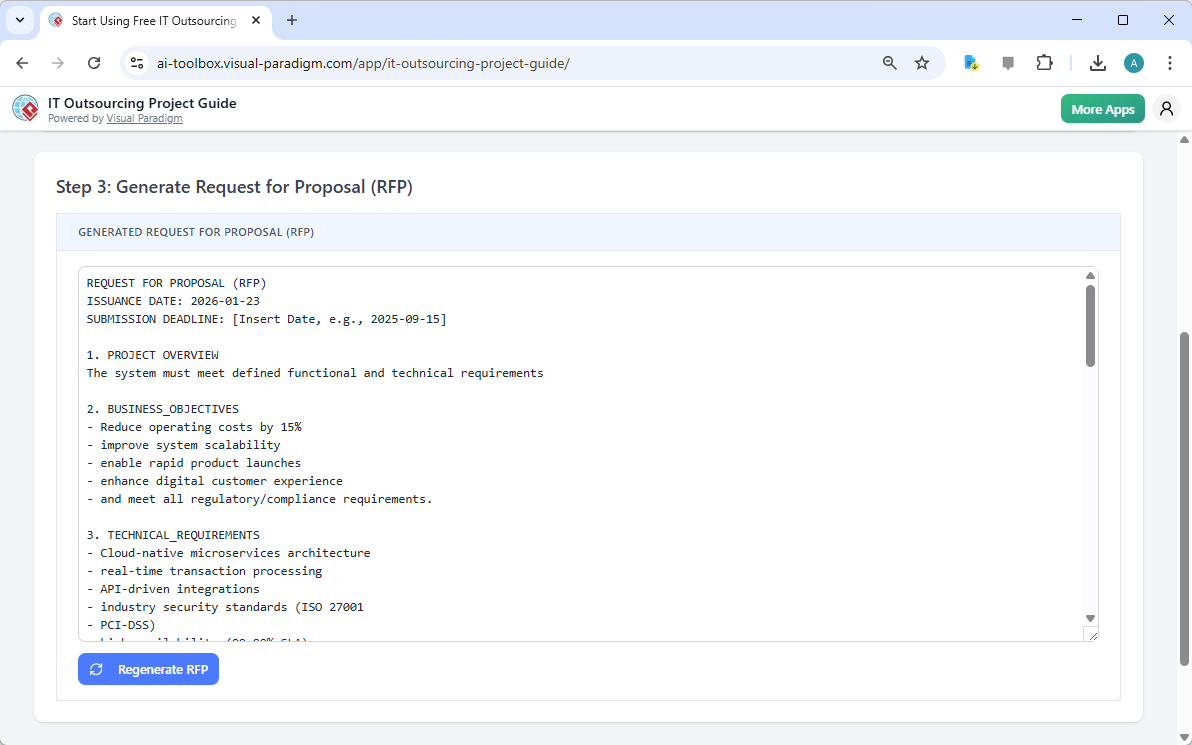 This is the screenshot of Visual Paradigm's AI-Powered App: IT Outsourcing Project Guide. It is now at step 3 - Professional 