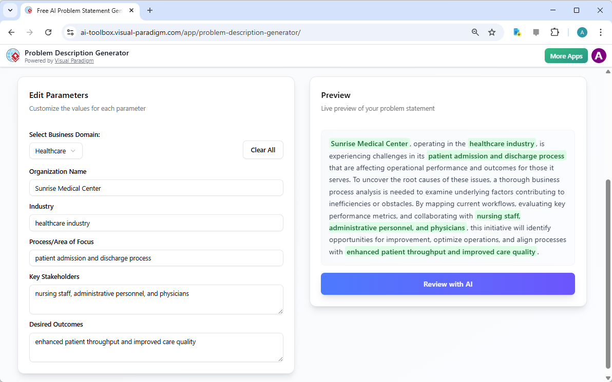 This is a screenshot of Visual Paradigm's AI Powered Problem Description Generator. It shows the second step, which involves 