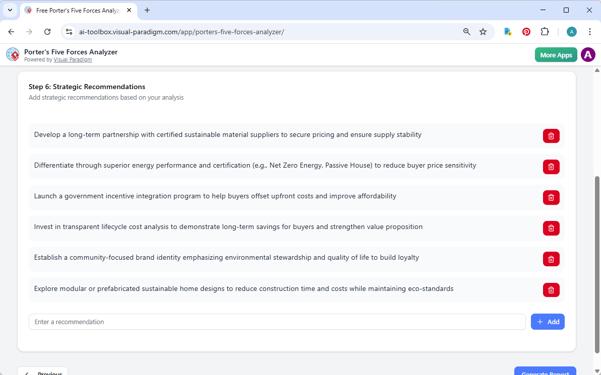 This is the screenshot of Visual Paradigm's AI-Powered Porter's Five Forces Analysis Tool. We are now at step 6. The details 