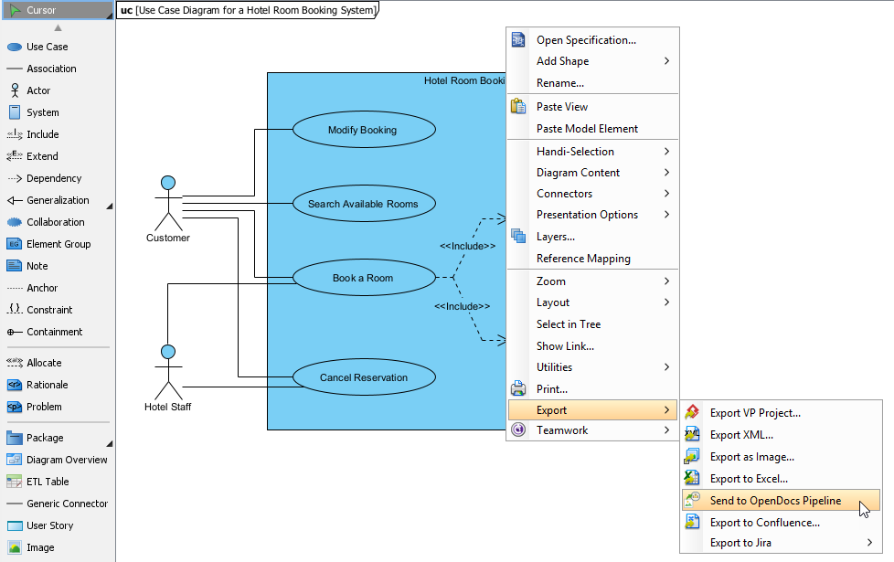 A screenshot of Visual Paradigm Desktop that shows how to send a use case diagram from Visual Paradigm Desktop to Visual Paradigm OpenDocs through the popup menu.