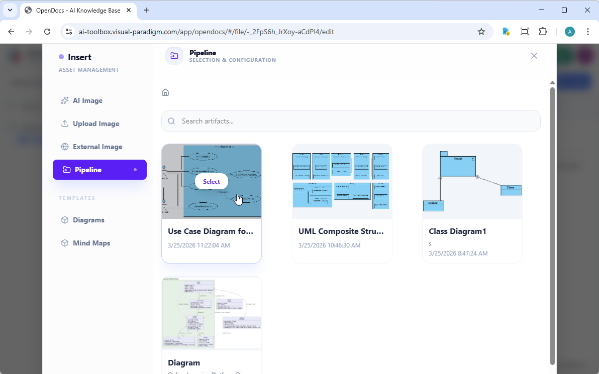 A screenshot of Visual Paradigm OpenDocs that shows the user selecting a diagram image from the Pipeline, through the Insert window