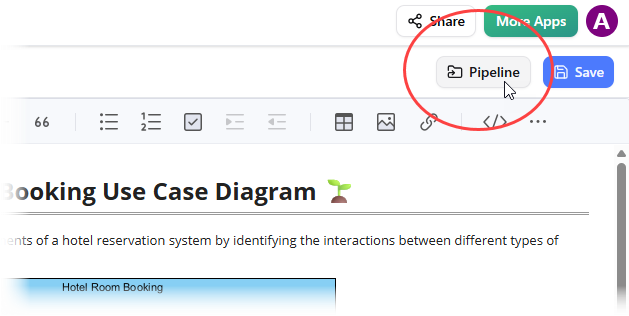A screenshot of Visual Paradigm OpenDocs that shows how to open the Pipeline pane.