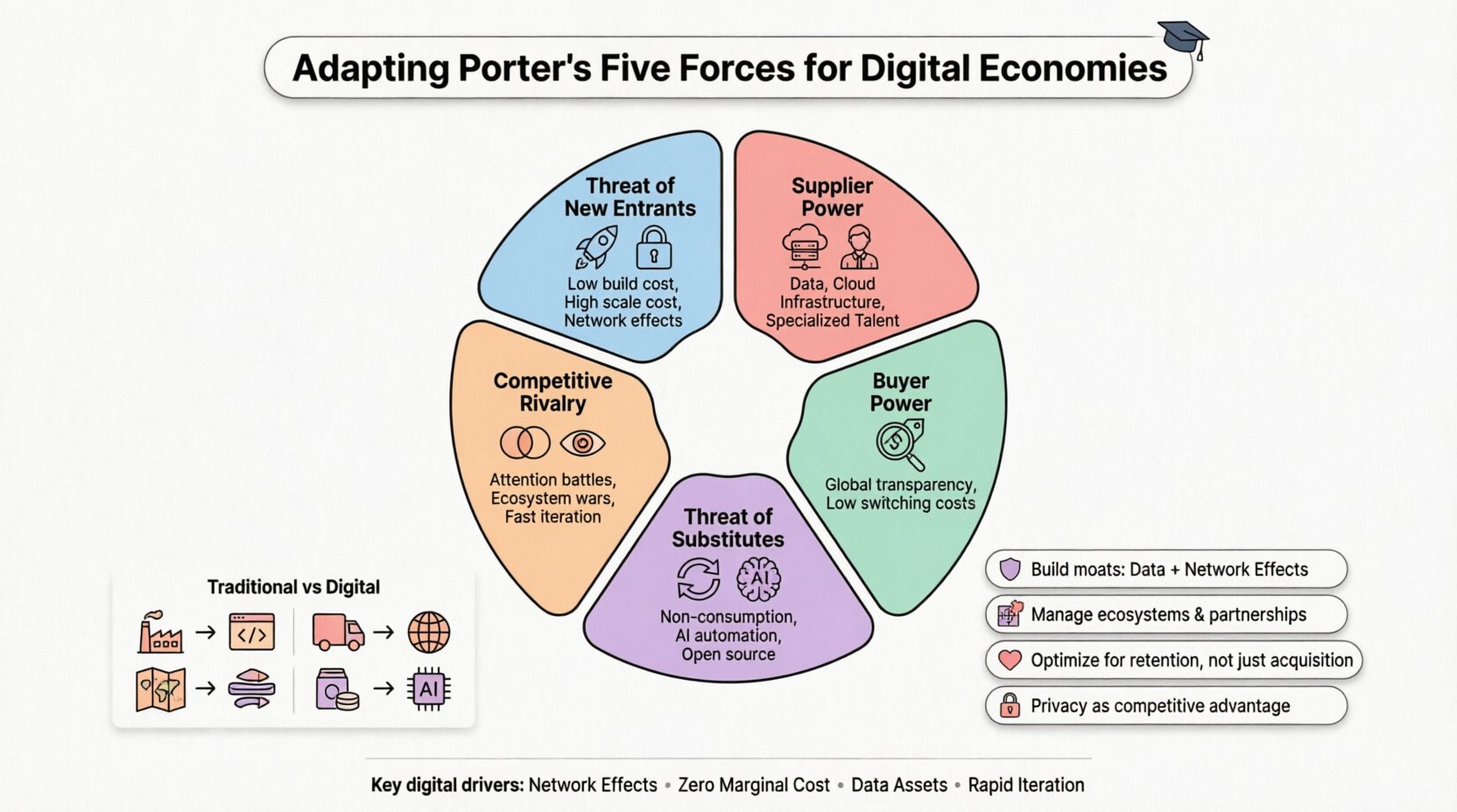 Infographic illustrating Porter's Five Forces model adapted for digital economies: threat of new entrants with network effects, supplier power via data and cloud infrastructure, buyer power through global transparency, substitute threats from AI and automation, and rivalry in attention-based ecosystems. Clean flat design with pastel accents, rounded icons, and strategic takeaways for students and social media.