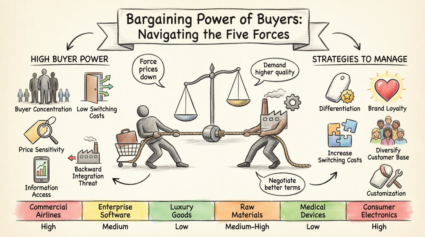 Hand-drawn infographic illustrating the bargaining power of buyers within Porter's Five Forces framework, featuring key indicators of high buyer power (buyer concentration, low switching costs, price sensitivity, information access, backward integration threat), strategies to manage buyer leverage (product differentiation, brand loyalty, increasing switching costs, customer diversification, customization), and a visual spectrum comparing buyer power levels across industries including commercial airlines, enterprise software, luxury goods, raw materials, medical devices, and consumer electronics, all rendered in thick outline stroke illustration style with educational icons and minimal text labels