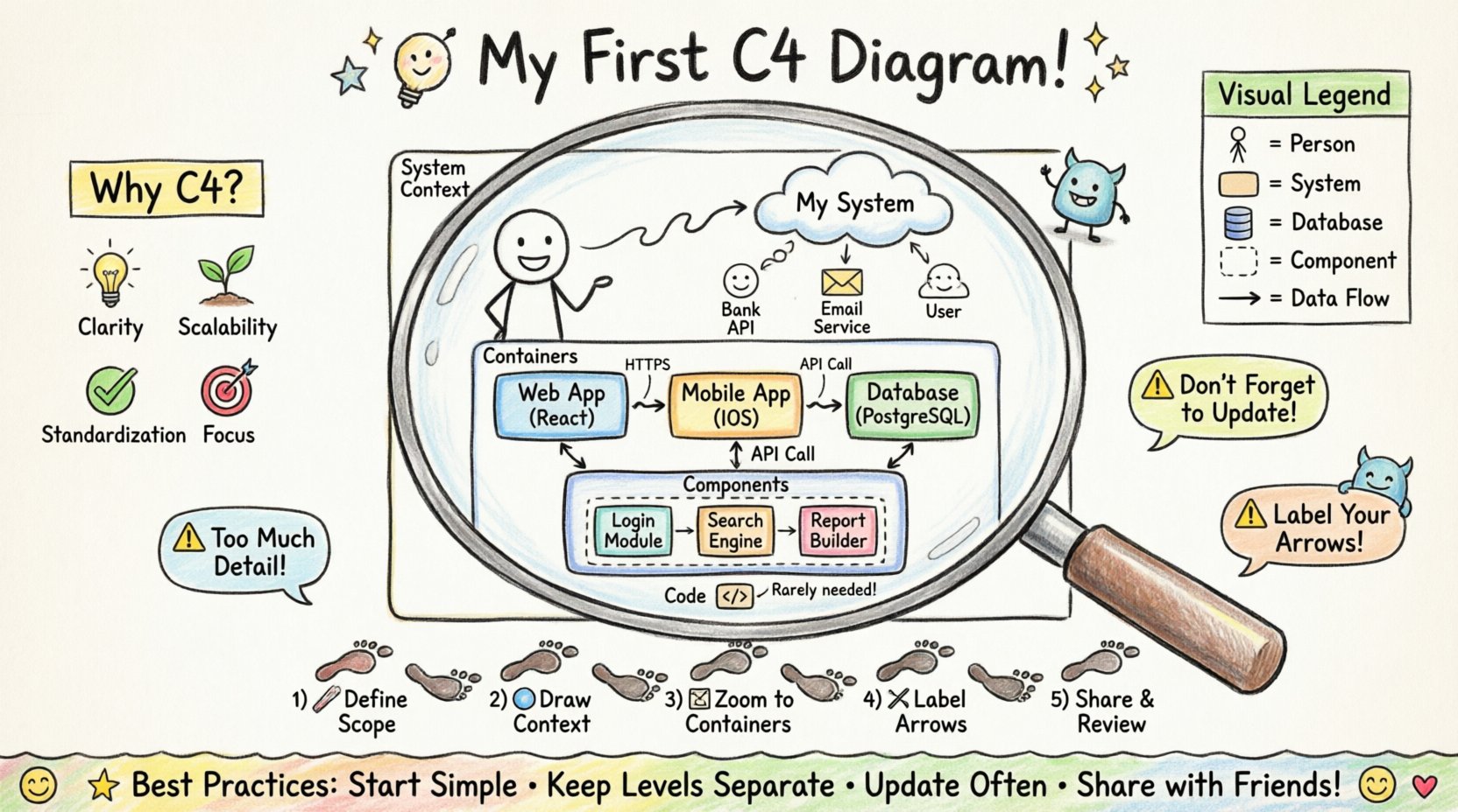 Child-style hand-drawn infographic explaining the C4 model for software architecture: four zoom levels (System Context, Containers, Components, Code), key benefits (clarity, scalability, standardization, focus), 5-step creation guide, visual legend with shapes and symbols, common pitfalls to avoid, and best practices for aspiring software architects