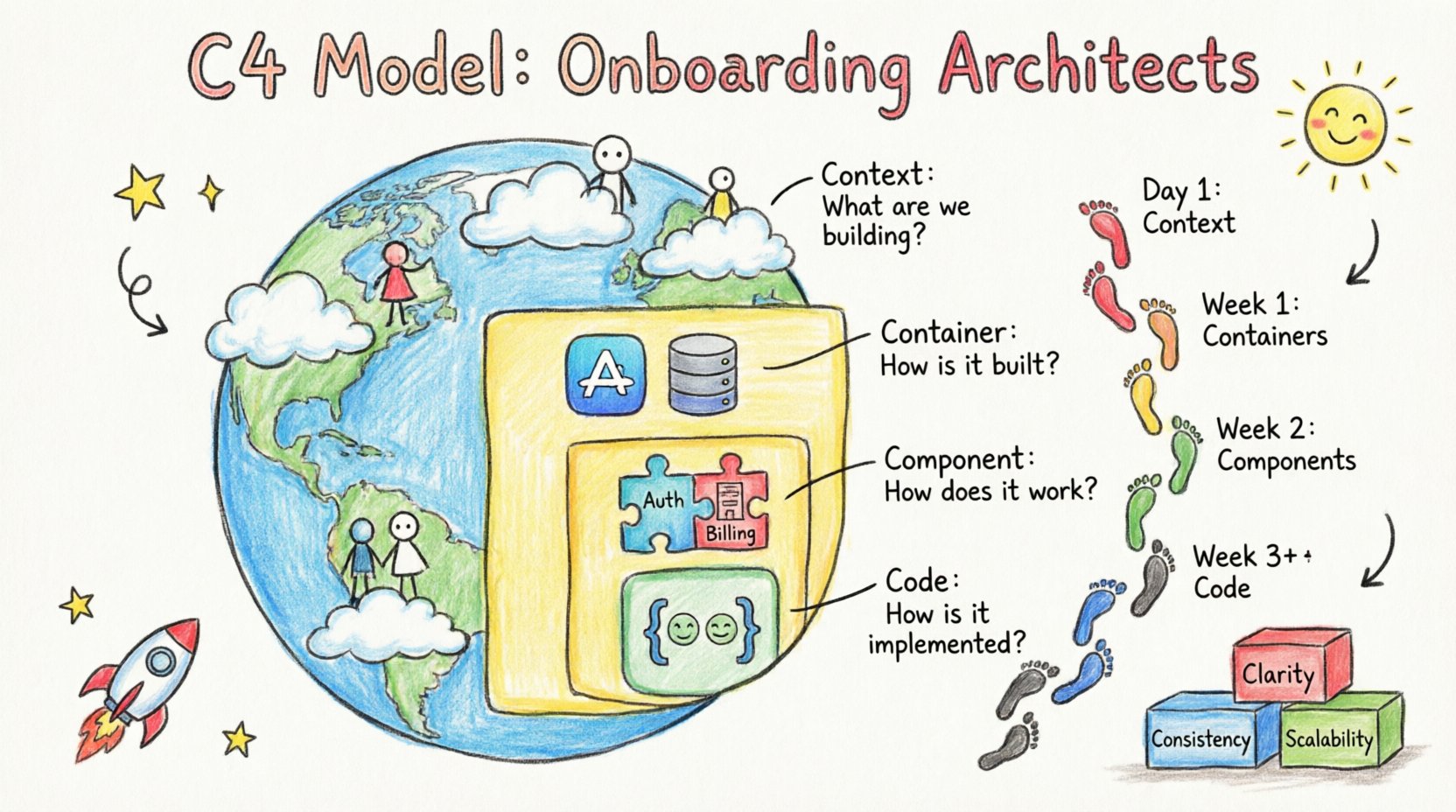 Child-style crayon drawing infographic showing C4 Model's four architecture layers for onboarding new architects: Context globe, Container box, Component puzzle pieces, and Code brackets, with a friendly timeline path from Day 1 to Week 3+, three colorful building blocks labeled Clarity-Consistency-Scalability, and playful decorative elements like stars and a rocket ship