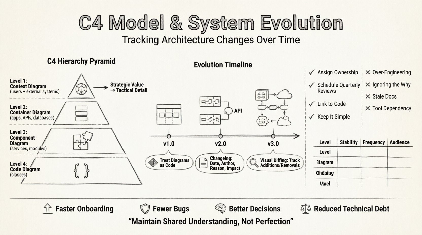 Line art infographic illustrating the C4 model for tracking software architecture evolution over time, showing four hierarchy levels (Context, Container, Component, Code), versioning strategies including treating diagrams as code with Git, changelog best practices, visual diffing techniques, common pitfalls to avoid, and key outcomes like faster onboarding and reduced technical debt, designed in minimalist black-and-white style with clear visual flow for engineering teams