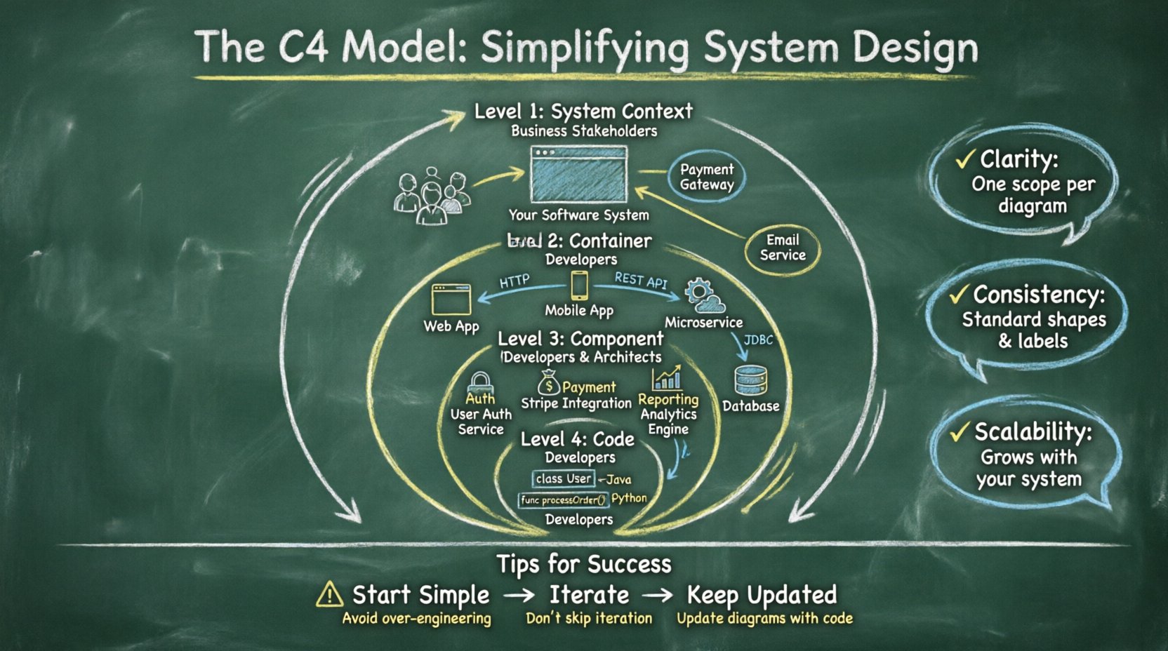 Chalkboard-style educational infographic illustrating the C4 Model's four abstraction levels for software architecture: System Context (users and external systems), Container (runtime environments), Component (logical modules), and Code (classes/functions), with target audiences, key benefits like clarity and scalability, and practical tips for new architects to simplify complex system design