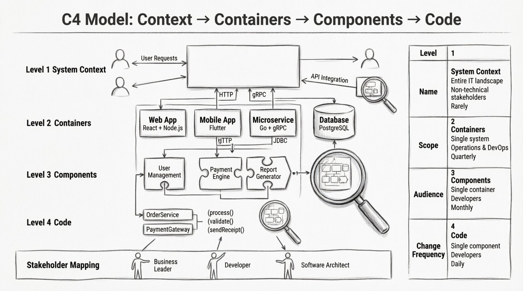 Line art infographic illustrating the C4 Model for software architecture with four hierarchical levels: System Context showing users and external systems interacting with a central application, Containers displaying deployable units like web apps, microservices, and databases with technology labels, Components revealing logical modules such as User Management and Payment Engine with interfaces and dependencies, and Code level with abstract class structures, plus a stakeholder mapping guide and comparison table showing scope, primary audience, and change frequency for each level