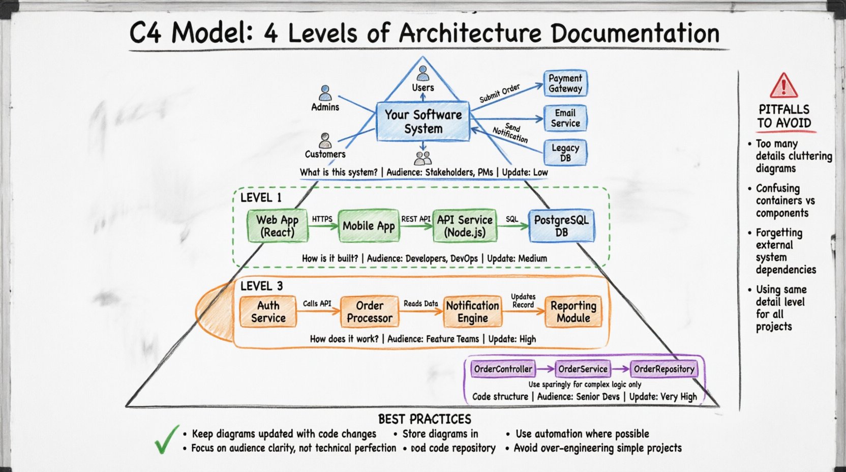 Hand-drawn whiteboard infographic illustrating the C4 Model's four hierarchical levels for software architecture documentation: System Context (users and external systems), Container (deployable units like web apps and databases), Component (internal logic modules), and Code (class-level details), with color-coded sections, audience guidance, update frequency, and best practices for maintaining effective architecture diagrams