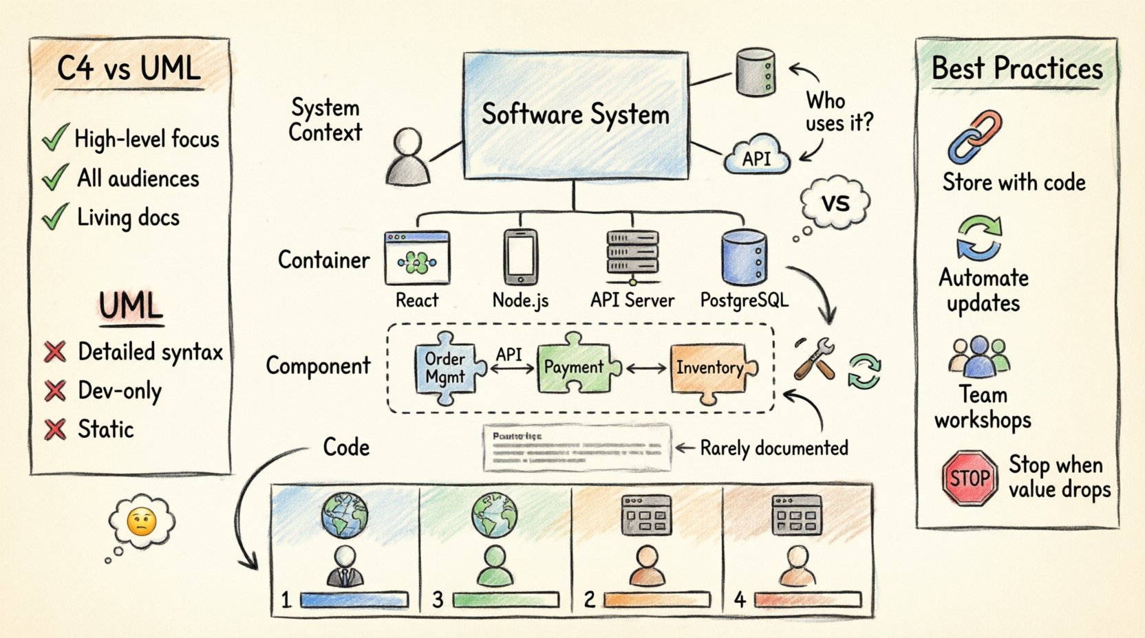 Hand-drawn infographic explaining the C4 Model for software architecture: four hierarchical levels (System Context, Container, Component, Code) with icons, audience guidance, UML comparison, and best practices for beginner architects