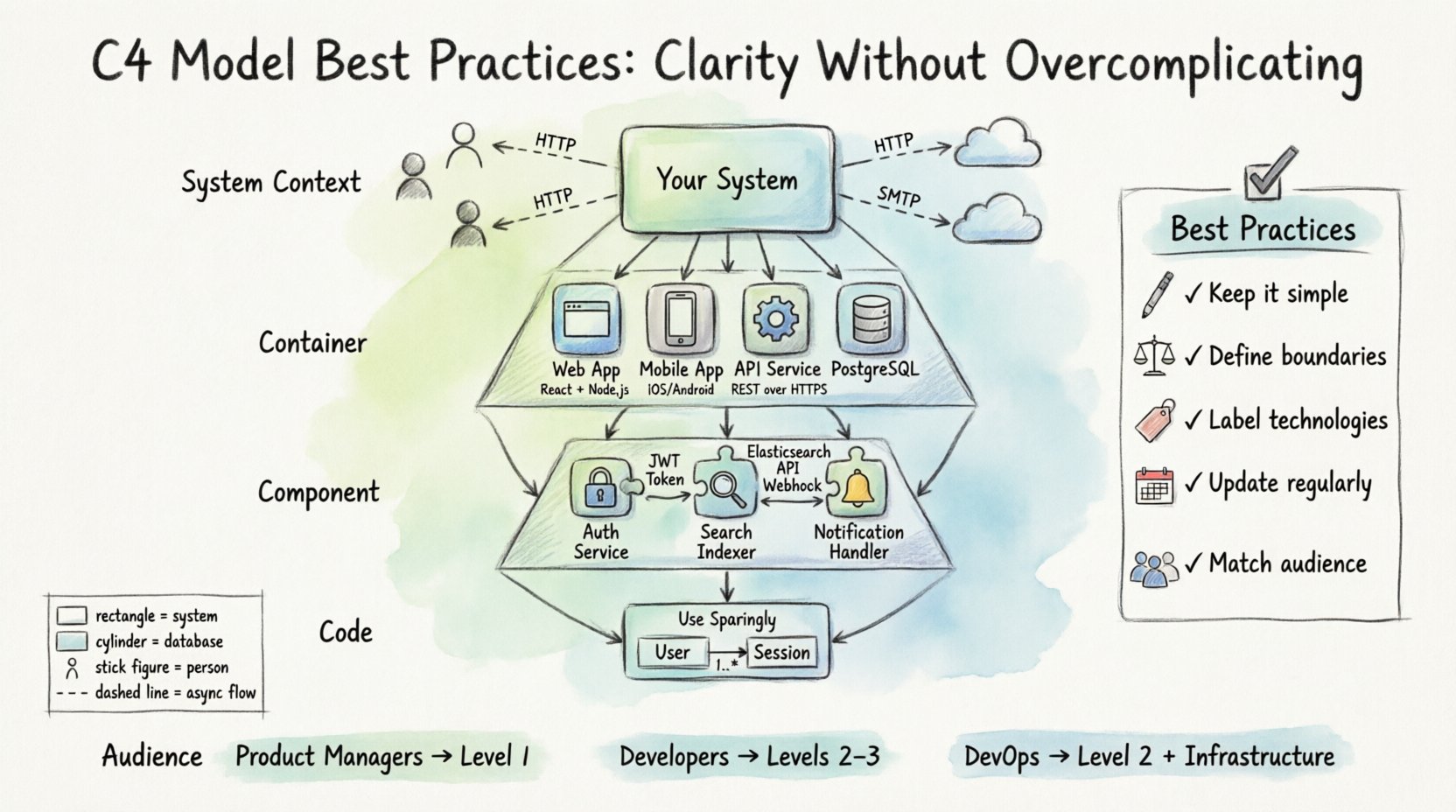 Hand-drawn infographic illustrating the C4 Model's four levels of software architecture visualization (System Context, Container, Component, Code) with best practices, audience mapping, and key principles for creating clear, maintainable architecture diagrams