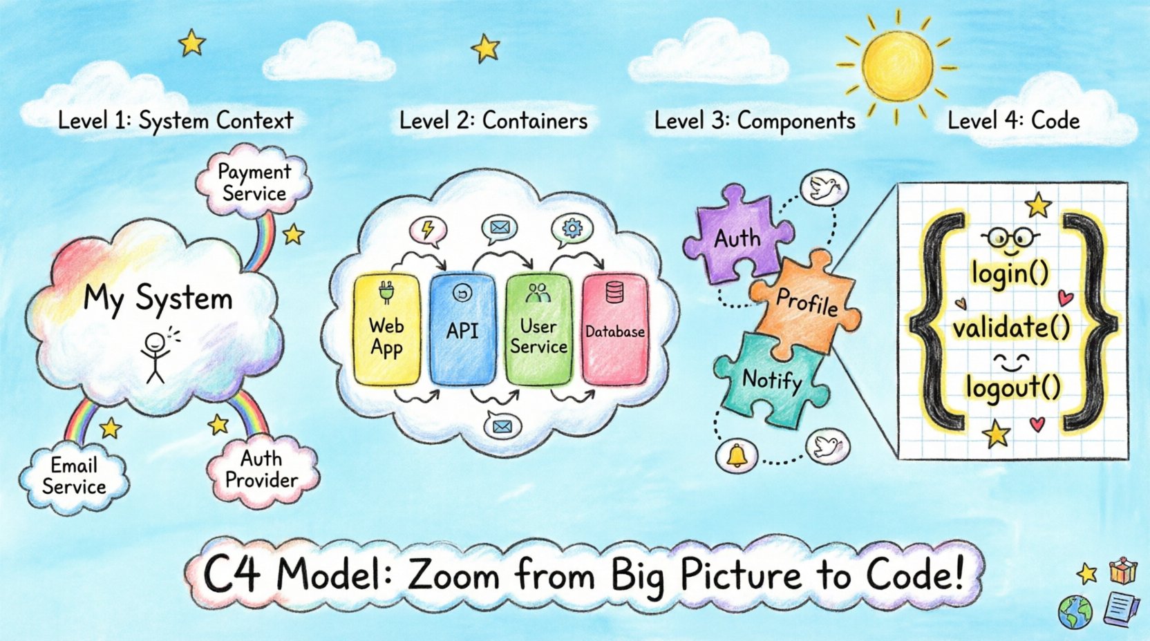 A playful child's crayon drawing infographic illustrating the C4 Model's four visualization levels for cloud-native microservices: Level 1 System Context with users and external services, Level 2 Container diagram showing deployable services like API Gateway and databases, Level 3 Component diagram with puzzle-piece modules, and Level 4 Code details, all connected by colorful arrows demonstrating the zoom-in hierarchy from big picture to implementation