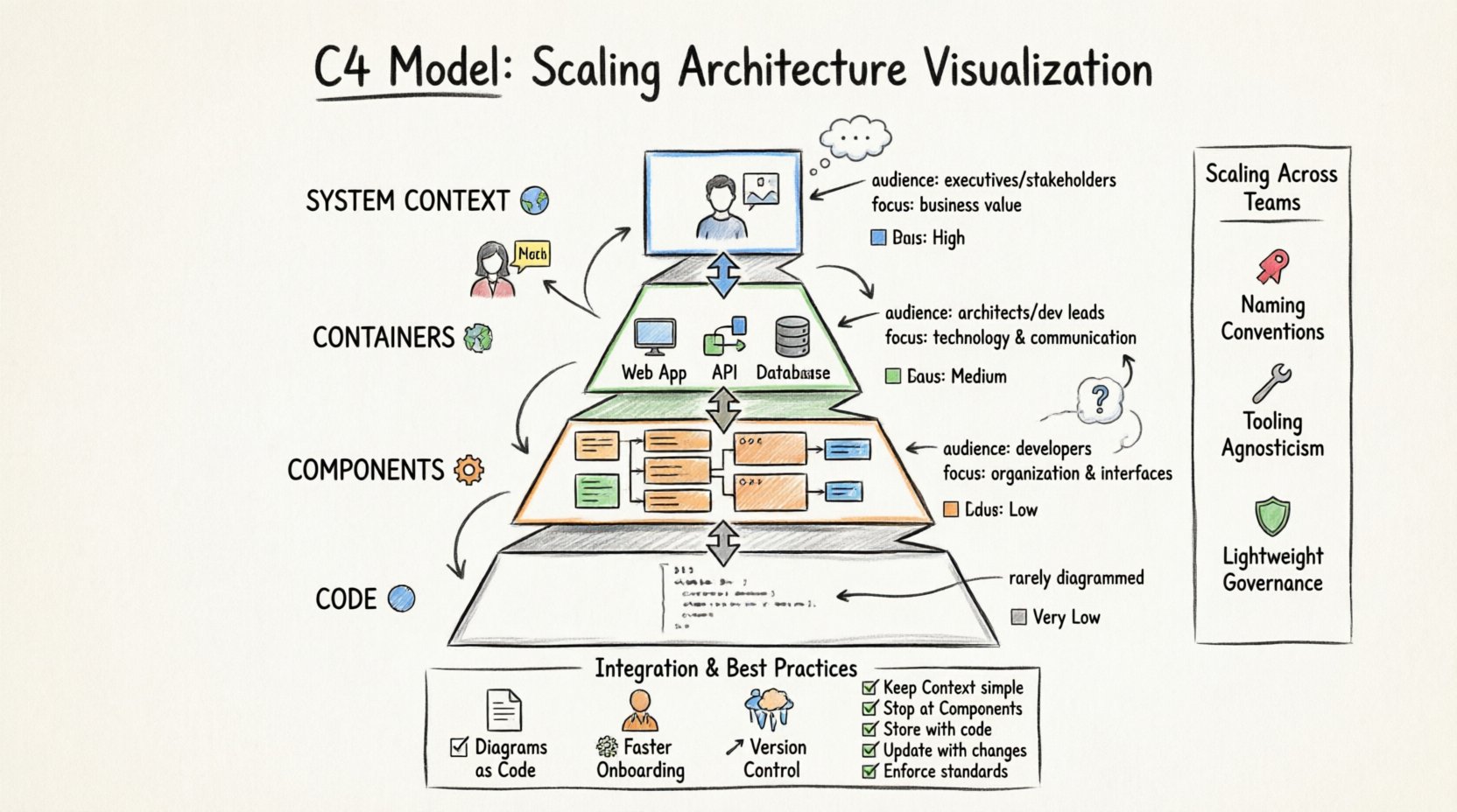 Hand-drawn infographic illustrating the C4 Model for Enterprise Architects: a 4-level hierarchy (System Context, Containers, Components, Code) showing audience, focus, and granularity for each level, plus scaling strategies, Agile/DevOps integration tips, common pitfalls to avoid, and best practices for visualizing software architecture across distributed teams