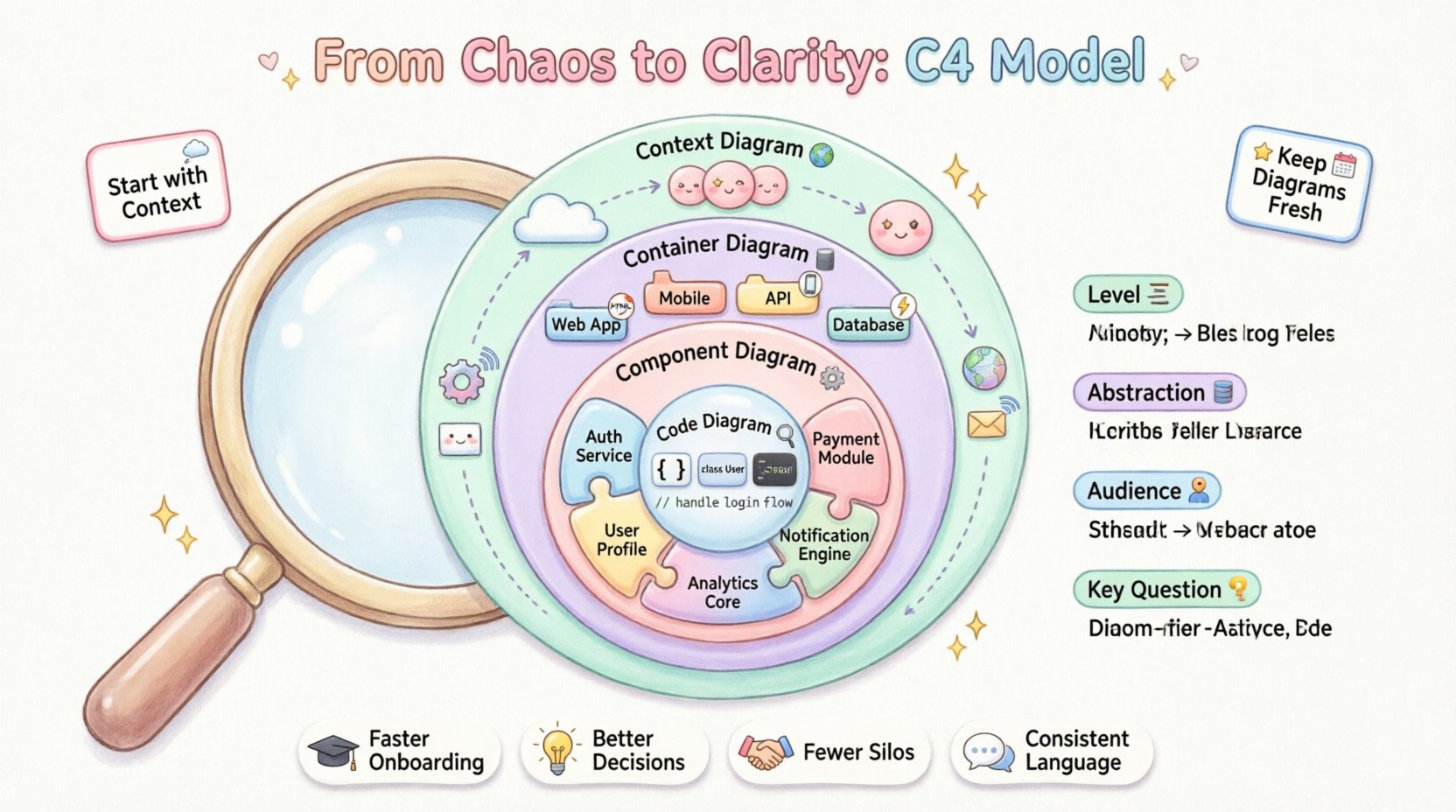 Kawaii-style infographic illustrating the C4 Model for enterprise architecture, showing four hierarchical levels: Context Diagram (system and users), Container Diagram (technology boundaries), Component Diagram (logical modules), and Code Diagram (implementation details), with pastel colors, cute icons, audience mapping, and key benefits for team communication and documentation clarity
