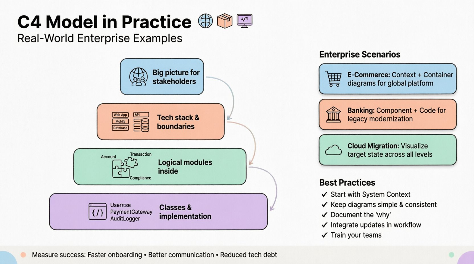 Infographic illustrating the C4 Model for software architecture with four hierarchical levels: System Context, Container Diagrams, Component Diagrams, and Code Diagrams. Features real-world enterprise examples including e-commerce platforms, banking modernization, and cloud migration strategies. Clean flat design with pastel colors, rounded shapes, and icons showing best practices for implementation, maintenance, and measuring success in enterprise environments.