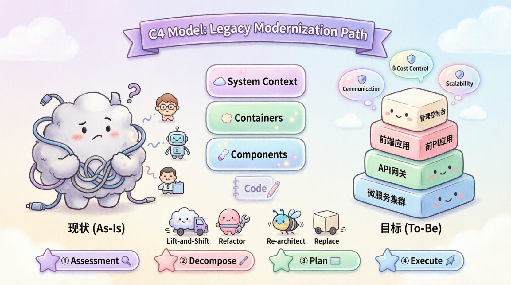 Kawaii-style infographic illustrating the C4 Model for legacy system modernization: shows four hierarchical levels (System Context, Containers, Components, Code), four modernization phases (Assessment, Decomposition, Planning, Execution), migration patterns, and key benefits like risk reduction and scalability, using cute pastel vector graphics with rounded shapes for intuitive technical communication