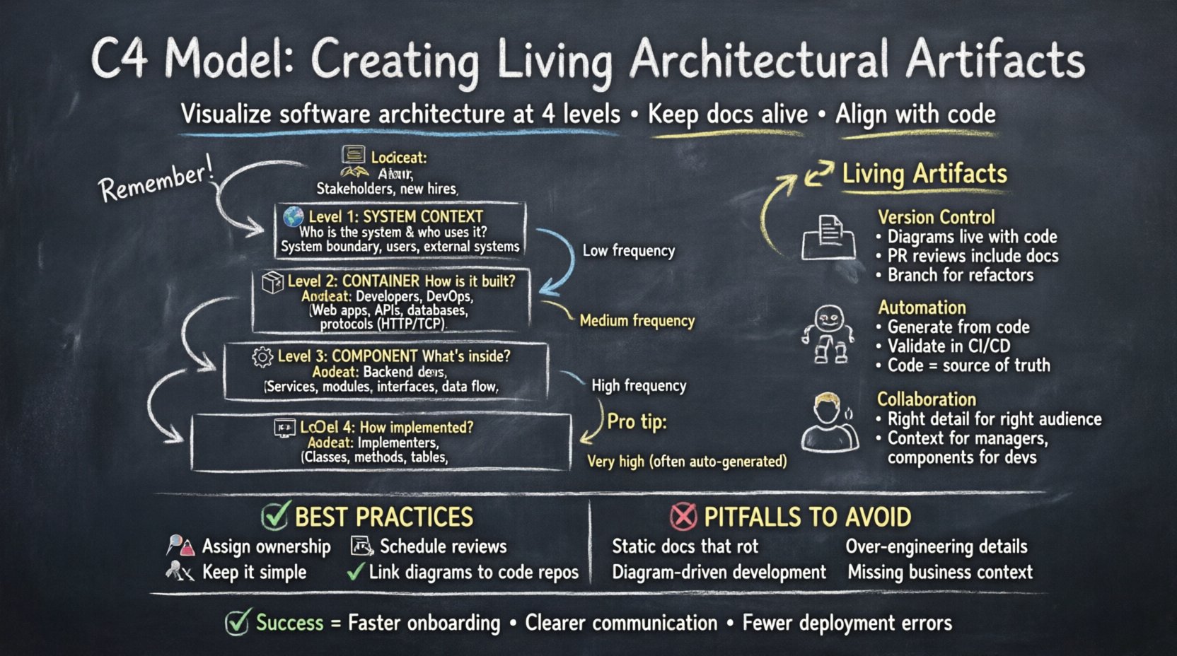 Chalkboard-style infographic explaining the C4 Model's four architecture diagram levels (System Context, Container, Component, Code) with best practices for creating living, maintainable documentation that evolves with your codebase, featuring hand-written teacher-style visuals for easy understanding