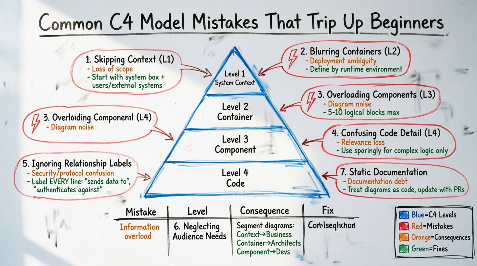 Hand-drawn whiteboard infographic illustrating 7 common C4 model mistakes for beginners: skipping context diagrams, blurring container boundaries, overloading components, confusing code-level detail, ignoring relationship labels, neglecting audience needs, and creating static documentation. Shows the 4-level C4 hierarchy (Context→Container→Component→Code) with color-coded mistakes in red, consequences in orange, and actionable fixes in green.
