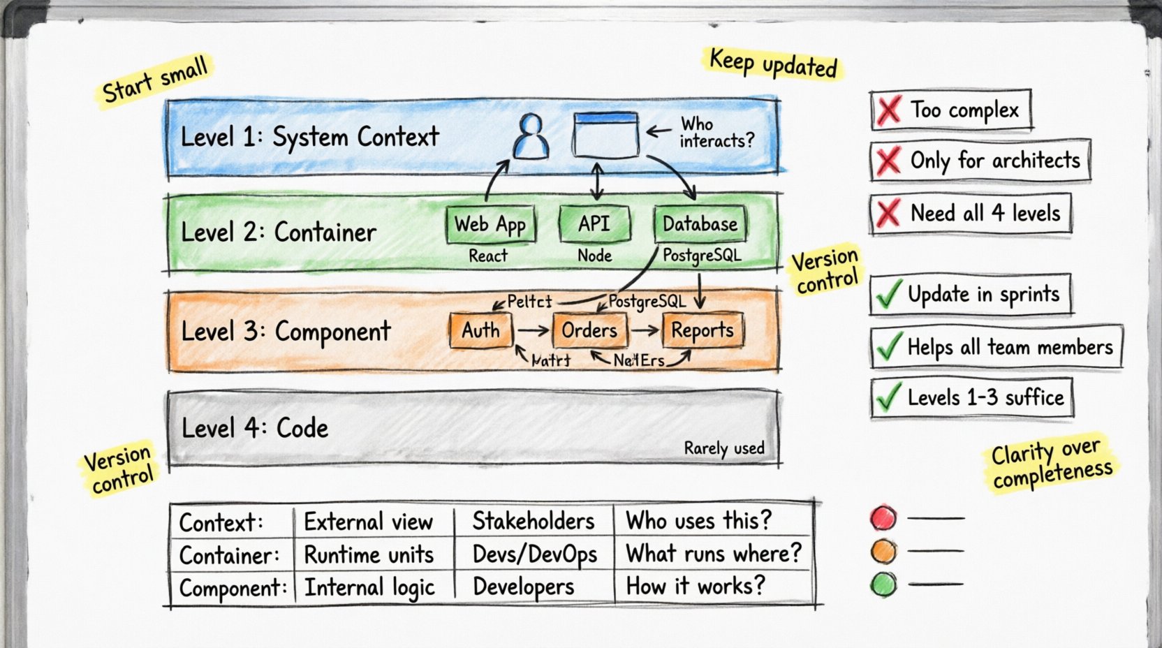 Hand-drawn whiteboard infographic illustrating the C4 Model for software architecture with four hierarchical levels (System Context, Container, Component, Code), debunking three common myths with facts, and providing practical implementation tips for development teams