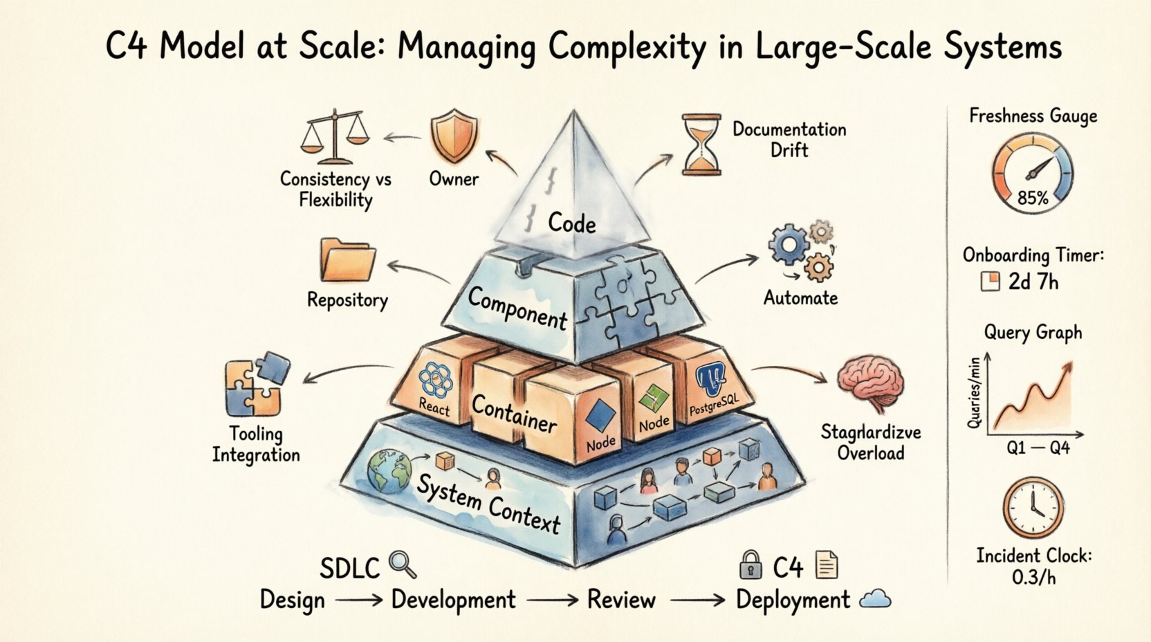 Hand-drawn infographic illustrating the C4 Model at Scale for managing complexity in large-scale software systems, featuring a four-level pyramid hierarchy (System Context, Container, Component, Code), key implementation challenges like documentation drift and cognitive overload, governance strategies including automation and standardized templates, SDLC integration workflow, and success metrics for enterprise architecture documentation