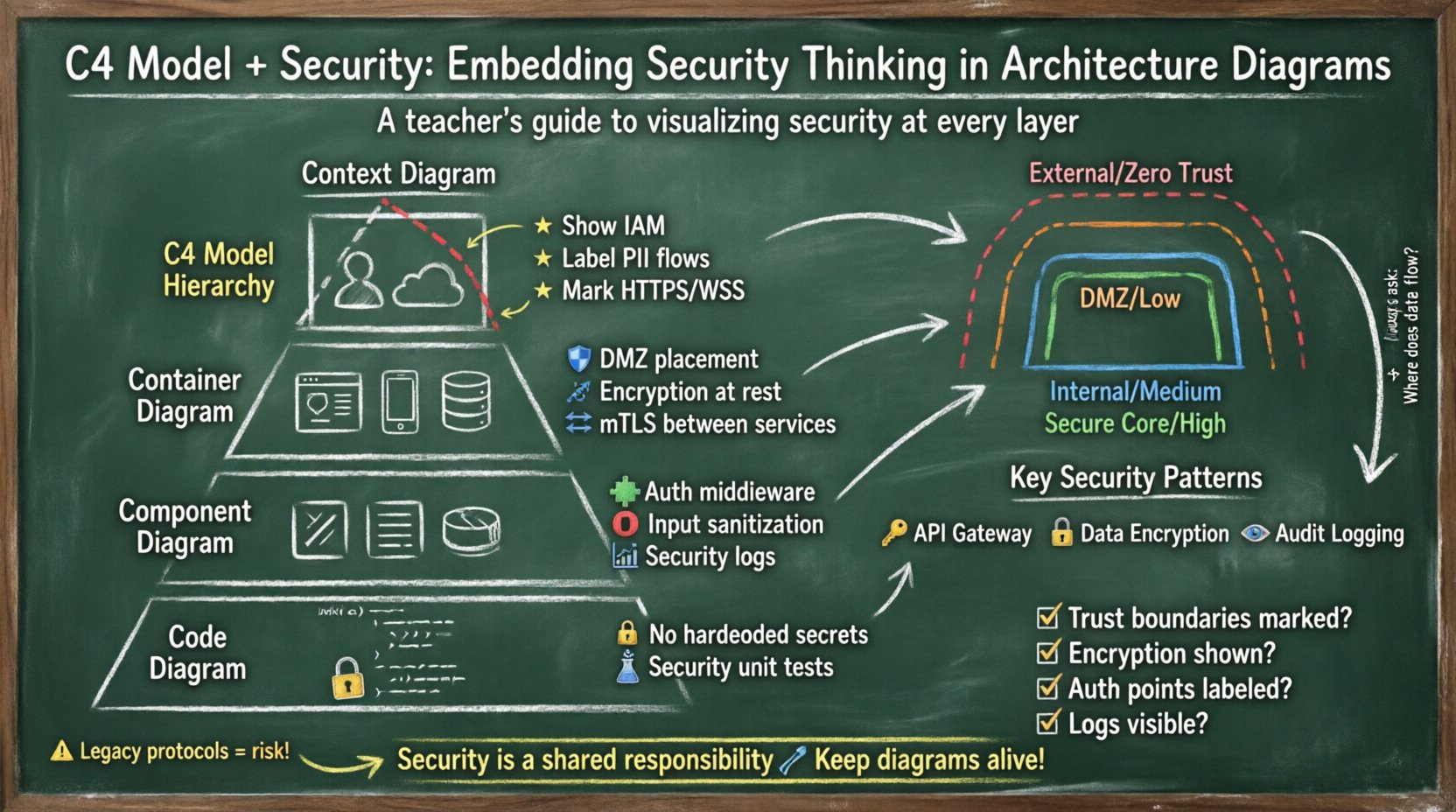 Chalkboard-style infographic illustrating how to embed security thinking into C4 Model architecture diagrams across four levels: Context (trust boundaries, IAM), Container (network zones, encryption), Component (auth logic, input validation), and Code (crypto operations, security tests), with visual trust zone indicators, common security patterns, and a practical security checklist for developers and architects