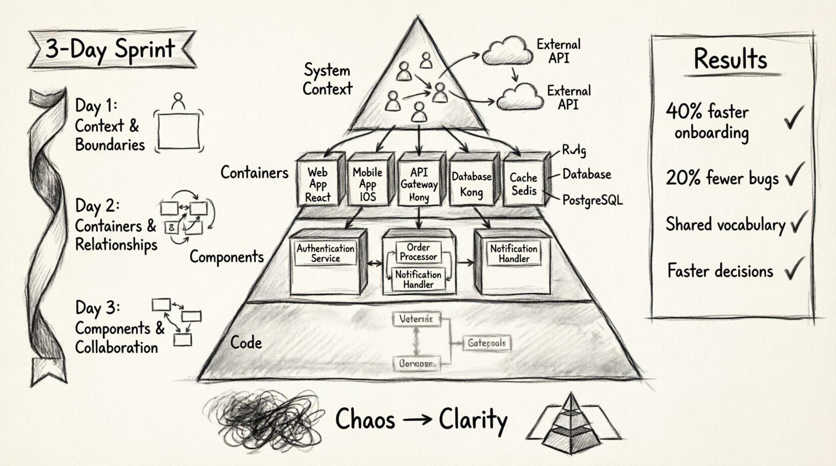 Charcoal sketch infographic illustrating the C4 Model architecture framework with four hierarchical levels (System Context, Containers, Components, Code), a 3-day implementation timeline showing Day 1: Context & Boundaries, Day 2: Containers & Relationships, Day 3: Components & Collaboration, and key measurable outcomes including 40% faster developer onboarding and 20% reduction in integration bugs for a fintech startup case study