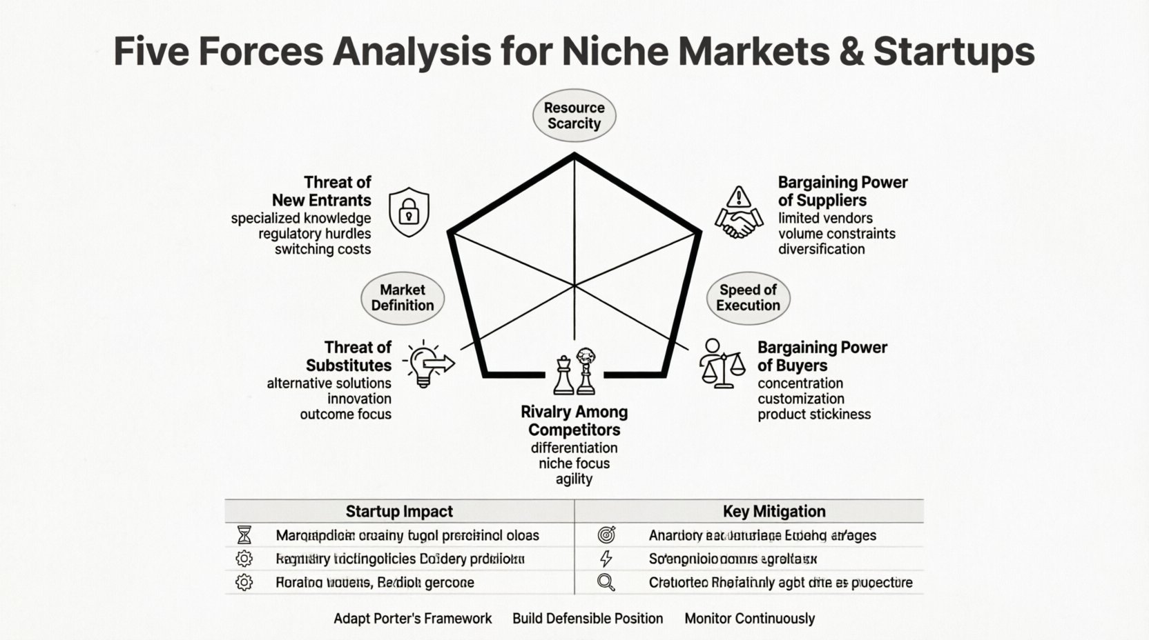 Line art infographic illustrating Porter's Five Forces framework adapted for startups and niche markets, showing threat of new entrants, supplier power, buyer power, substitute products, and competitive rivalry with startup-specific mitigation strategies and key considerations for building defensible market positions