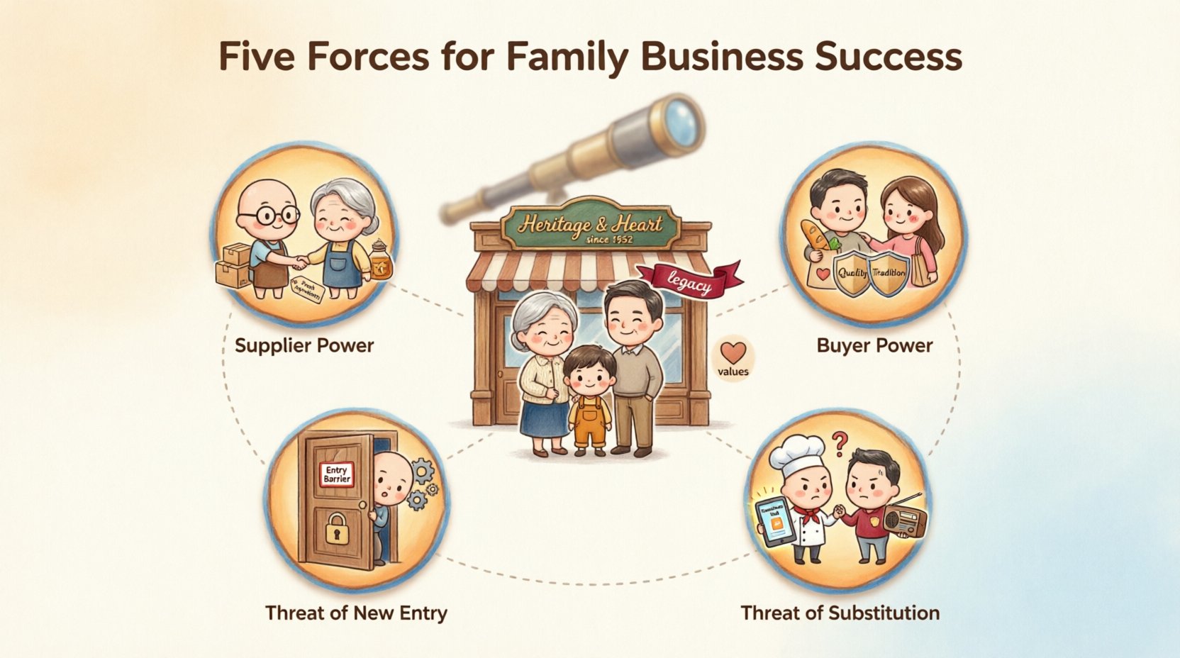 Chibi-style infographic illustrating Porter's Five Forces Model applied to family businesses: central chibi family entrepreneurs surrounded by five forces - Supplier Power, Buyer Power, Competitive Rivalry, Threat of Substitution, and Threat of New Entry - with visual cues for legacy, values, and long-term strategic planning