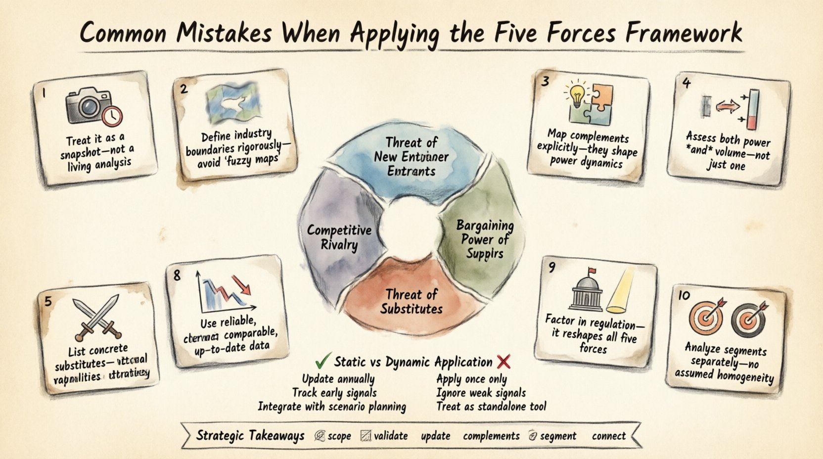 Hand-drawn infographic illustrating 10 common mistakes when applying Porter's Five Forces framework for strategic industry analysis, featuring visual icons for pitfalls like static analysis, misdefined boundaries, overlooking complements, and data quality issues, with actionable fixes and a static vs dynamic comparison guide