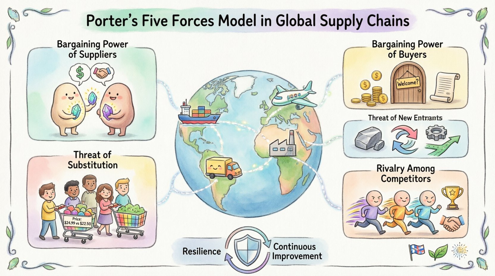Whimsical infographic illustrating Porter's Five Forces Model applied to global supply chains, featuring a colorful globe with playful icons for supplier power, buyer power, threat of new entrants, substitution threats, and competitive rivalry, plus modern challenges like geopolitics, sustainability, and digital transformation for strategic procurement and risk management