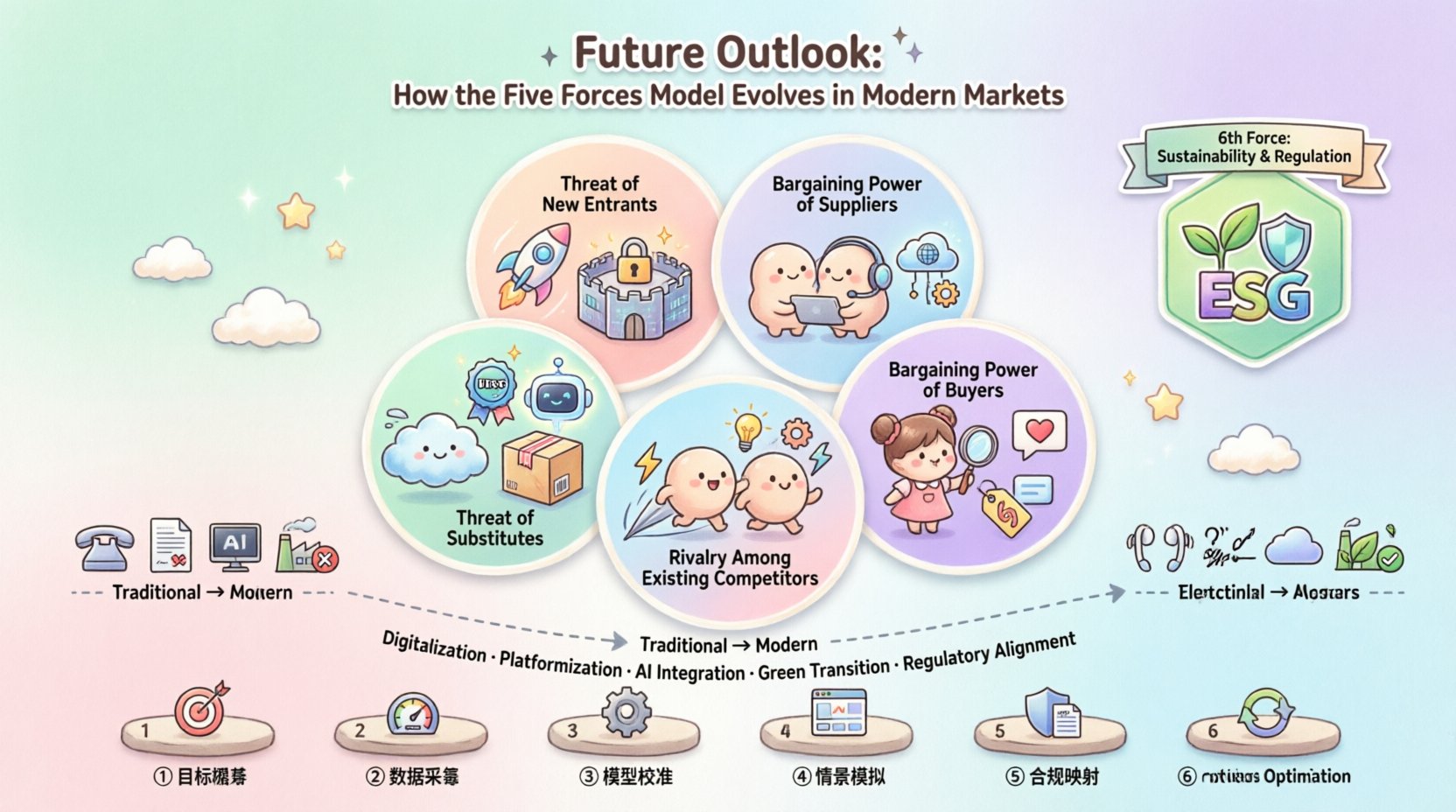 Kawaii-style infographic illustrating how Porter's Five Forces Model evolves in modern digital markets, featuring cute icons for Threat of New Entrants, Supplier Power, Buyer Power, Substitute Products, and Competitive Rivalry, with visual comparisons of traditional vs. modern business dynamics, plus the 6th force of sustainability and regulation, designed in soft pastel colors with chibi characters for engaging strategic business education.