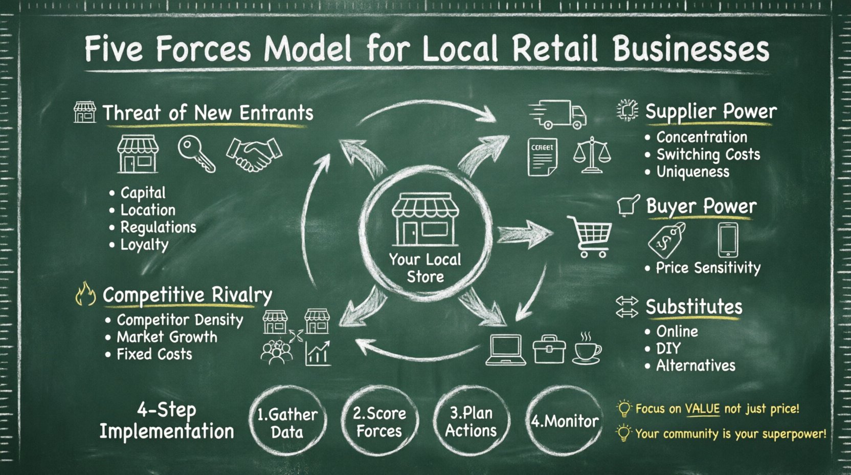 Chalkboard-style educational infographic illustrating Porter's Five Forces Model for local retail businesses, featuring hand-drawn sections for Threat of New Entrants, Supplier Power, Buyer Power, Substitute Products, and Competitive Rivalry with icons, key factors, and a 4-step implementation guide for independent store owners