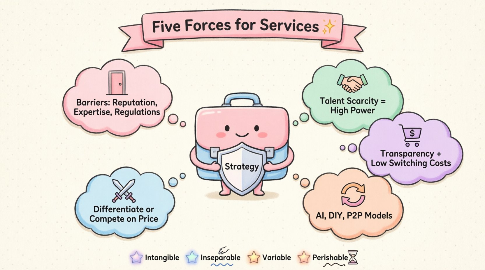 Kawaii cute vector infographic of Porter's Five Forces Model for service-based industries, featuring a smiling pastel briefcase mascot surrounded by five rounded icons: door for new entrants, handshake for supplier power, shopping cart for buyer power, refresh arrow for substitutes, and crossed swords for rivalry, with simplified shapes, pastel colors, and key strategic insights about reputation barriers, talent scarcity, price transparency, automation threats, and differentiation strategies