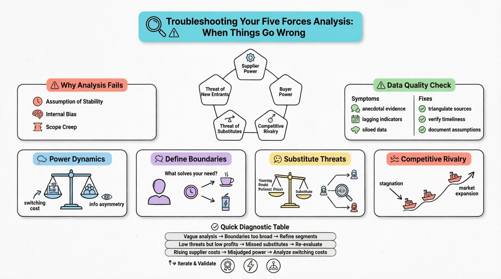 Infographic troubleshooting guide for Porter's Five Forces analysis showing common pitfalls, data quality checks, industry boundary definition, substitute threat validation, supplier-buyer power dynamics, competitive rivalry assessment, and diagnostic table in clean flat design with pastel colors and black outline icons