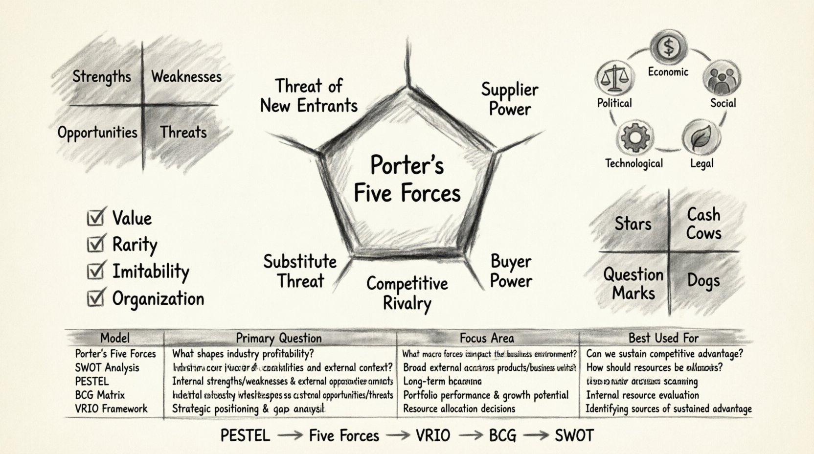 Charcoal sketch infographic comparing Porter's Five Forces with SWOT, PESTEL, BCG Matrix, and VRIO strategic frameworks; shows each model's focus area, primary question, and best use cases in a hand-drawn business illustration with contour lines and smudged texture, 16:9 aspect ratio