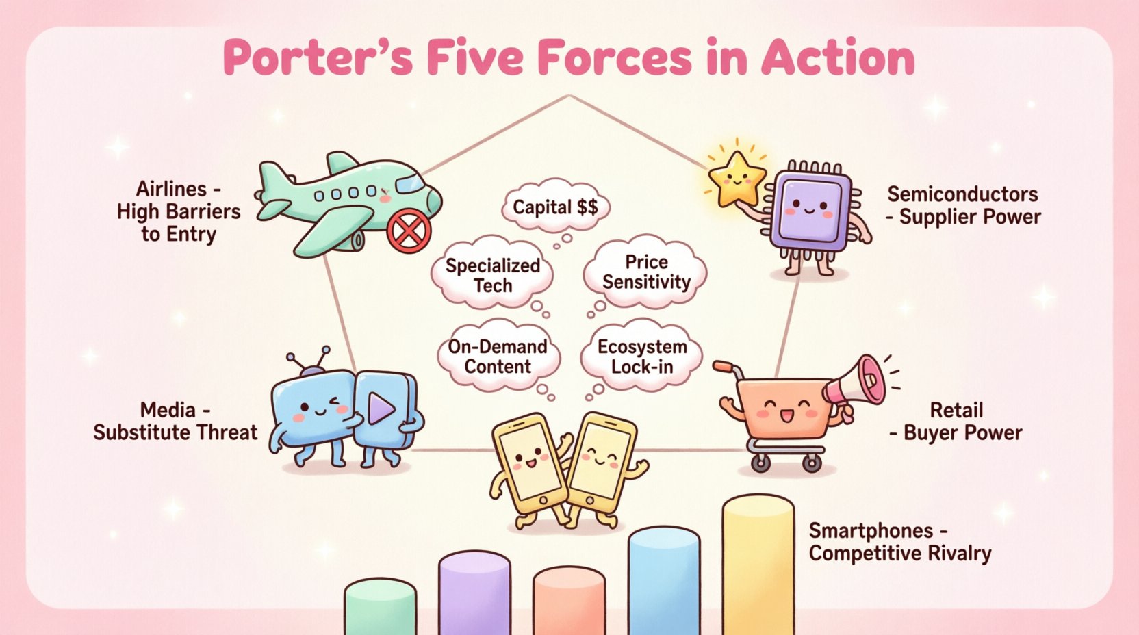 Kawaii-style infographic illustrating Porter's Five Forces framework with cute vector icons representing five industry case studies: airlines (entry barriers), semiconductors (supplier power), retail (buyer power), media streaming (substitute threat), and smartphones (competitive rivalry), using pastel colors and simplified shapes for intuitive business strategy education