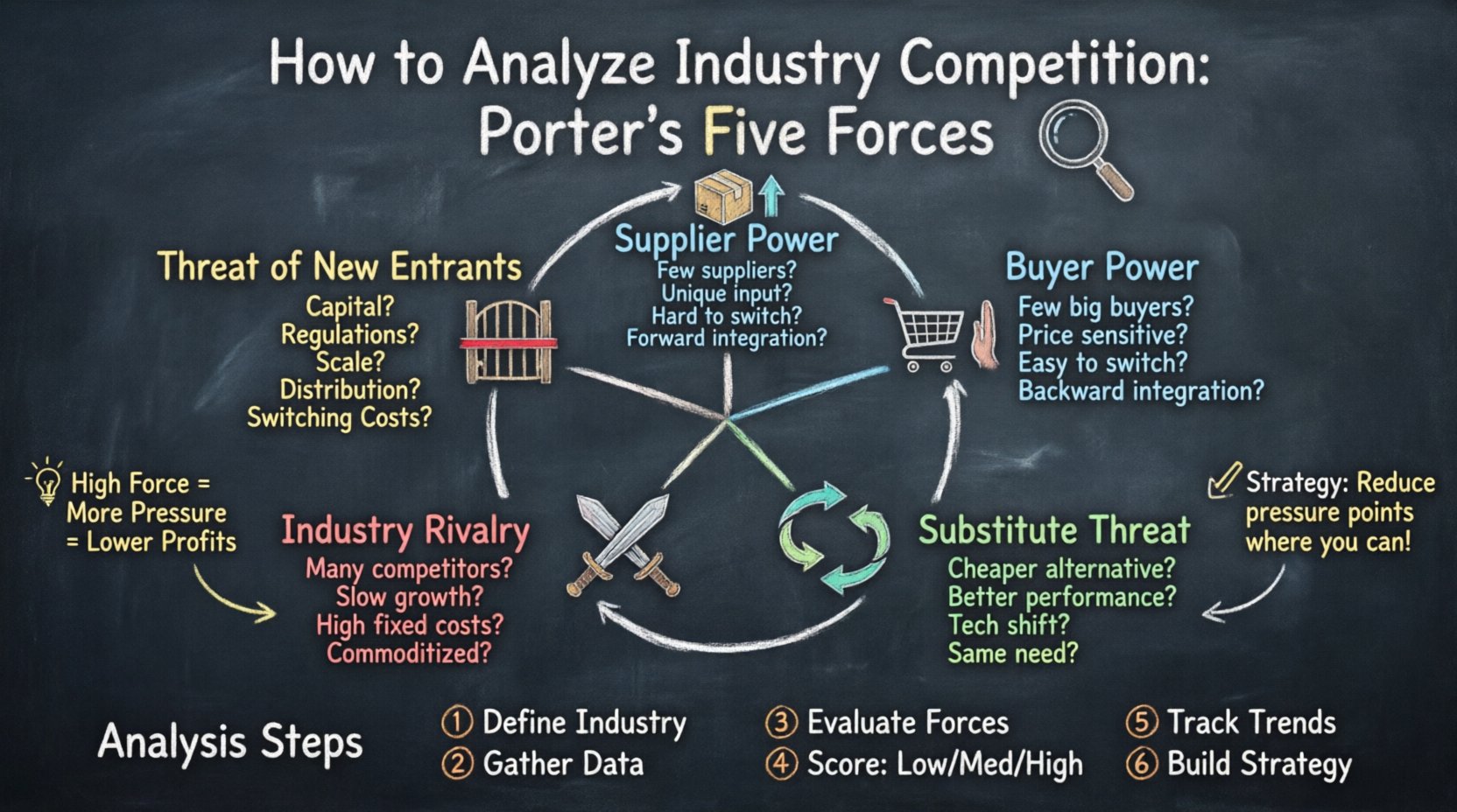 Chalkboard-style educational infographic illustrating Porter's Five Forces framework for industry competition analysis, featuring hand-drawn sections for Threat of New Entrants, Supplier Power, Buyer Power, Substitute Threat, and Industry Rivalry, with key evaluation questions, analysis steps, and strategic tips written in teacher-like chalk handwriting on a dark slate background