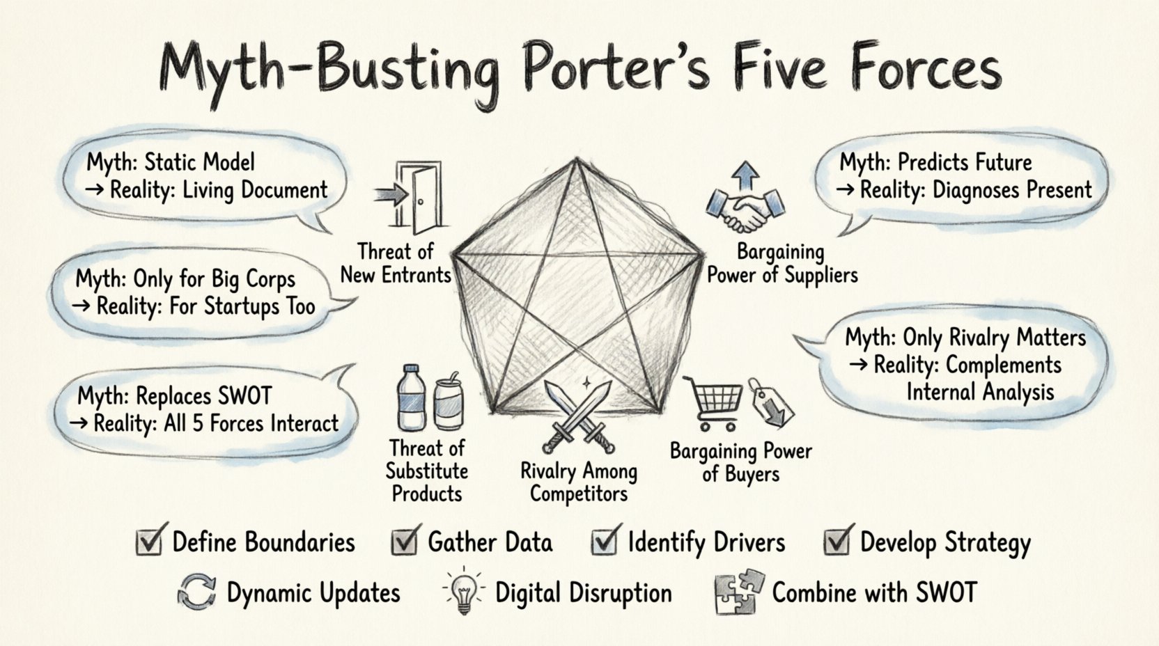 Hand-drawn sketch infographic illustrating Porter's Five Forces framework with myth-busting callouts: clarifying that the model is dynamic not static, applicable to startups and enterprises alike, diagnoses current industry structure rather than predicting the future, evaluates all five competitive forces beyond just rivalry, and complements rather than replaces SWOT analysis; features central pentagon diagram with icons for each force, implementation checklist, and key strategic takeaways for effective industry analysis