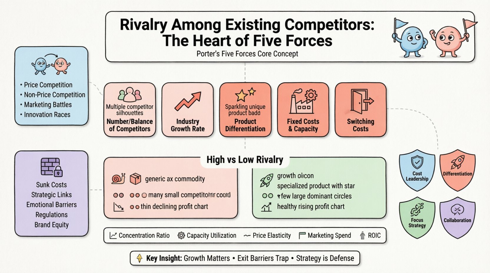 Educational infographic on rivalry among existing competitors in Porter's Five Forces framework, featuring five core drivers of competitive intensity (competitor balance, growth rate, differentiation, fixed costs, switching costs), high vs low rivalry comparison table, exit barriers explanation, strategic approaches including cost leadership and differentiation, and key assessment metrics, designed with simple flat style, uniform black outlines, pastel accent colors, rounded shapes, and ample white space for student-friendly social media content