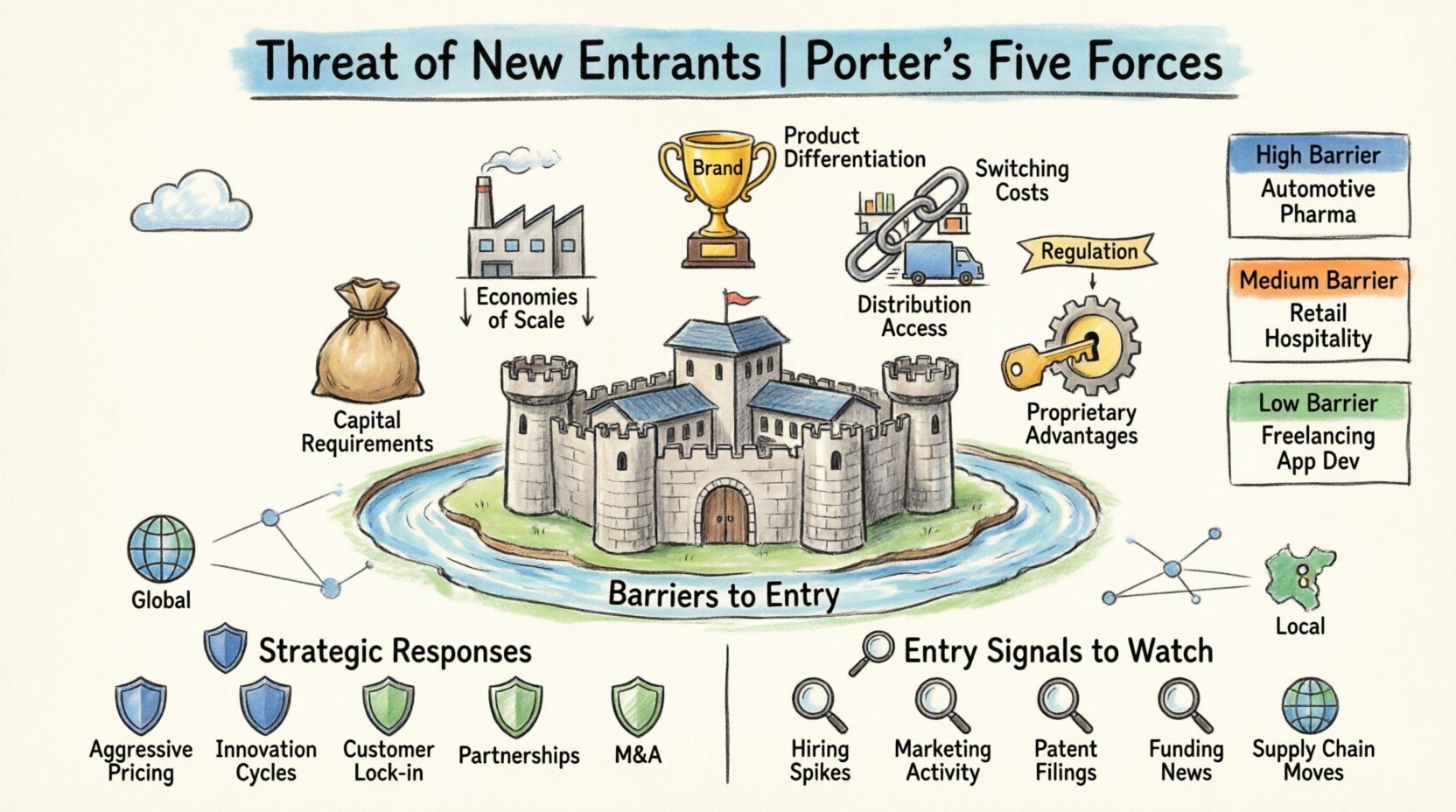 Hand-drawn marker illustration infographic explaining the Threat of New Entrants in Porter's Five Forces business strategy framework, featuring a fortress-and-moat visual metaphor for barriers to entry including capital requirements, economies of scale, brand loyalty, switching costs, distribution access, government regulation, and proprietary advantages; includes comparison of high vs low threat industries, strategic responses for incumbents, and early warning signals of market entry, designed in 16:9 aspect ratio with professional color palette and intuitive visual hierarchy