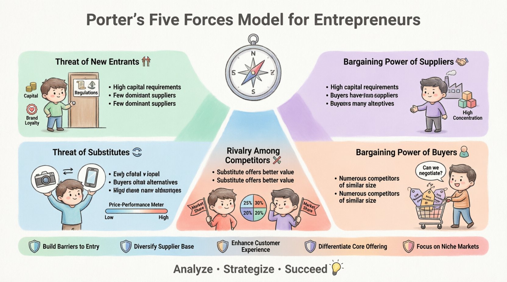Chibi-style infographic illustrating Porter's Five Forces Model for entrepreneurs, featuring cute characters representing Threat of New Entrants, Supplier Power, Buyer Power, Threat of Substitutes, and Competitive Rivalry, with key indicators and strategic responses for market analysis