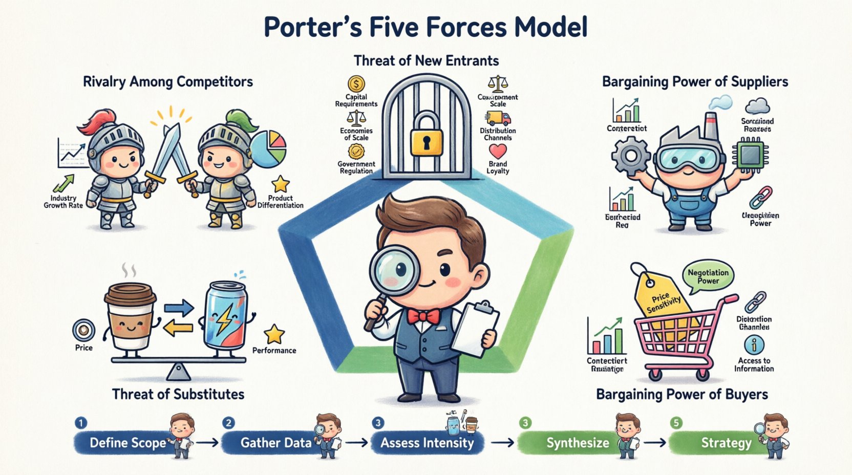 Chibi-style infographic of Porter's Five Forces Model showing Threat of New Entrants, Supplier Power, Buyer Power, Substitute Products, and Competitive Rivalry with cute characters, key strategic drivers, and a 5-step analysis process for business strategy planning