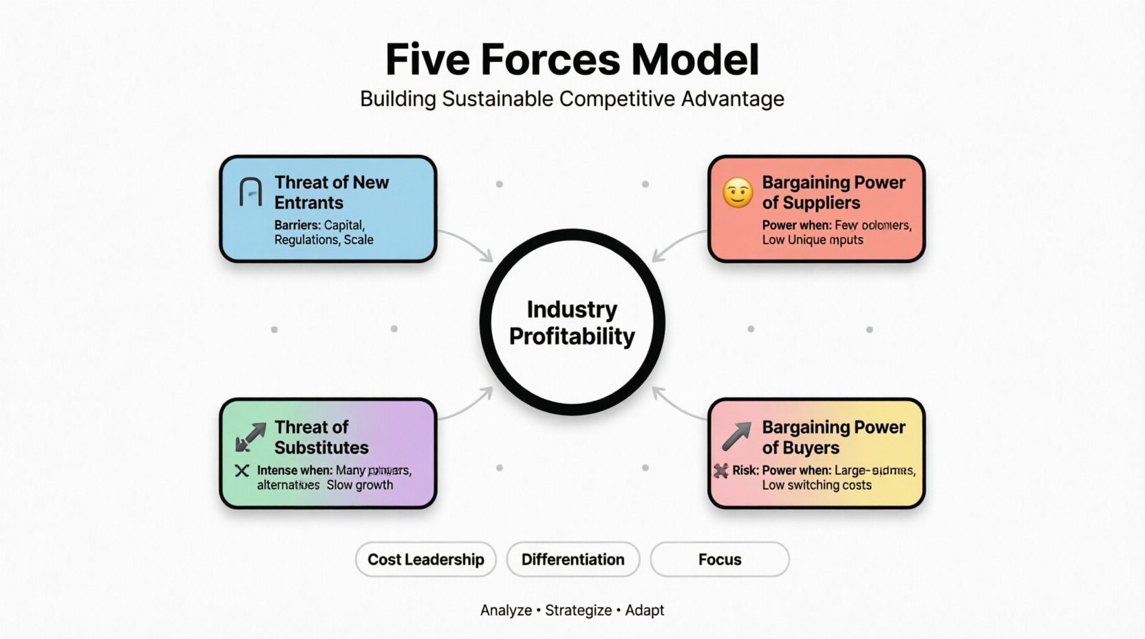 Educational infographic illustrating Porter's Five Forces Model for strategic business analysis, showing threat of new entrants, supplier power, buyer power, substitute products, and competitive rivalry with pastel-colored flat design icons, rounded shapes, and clean typography optimized for students and social media sharing