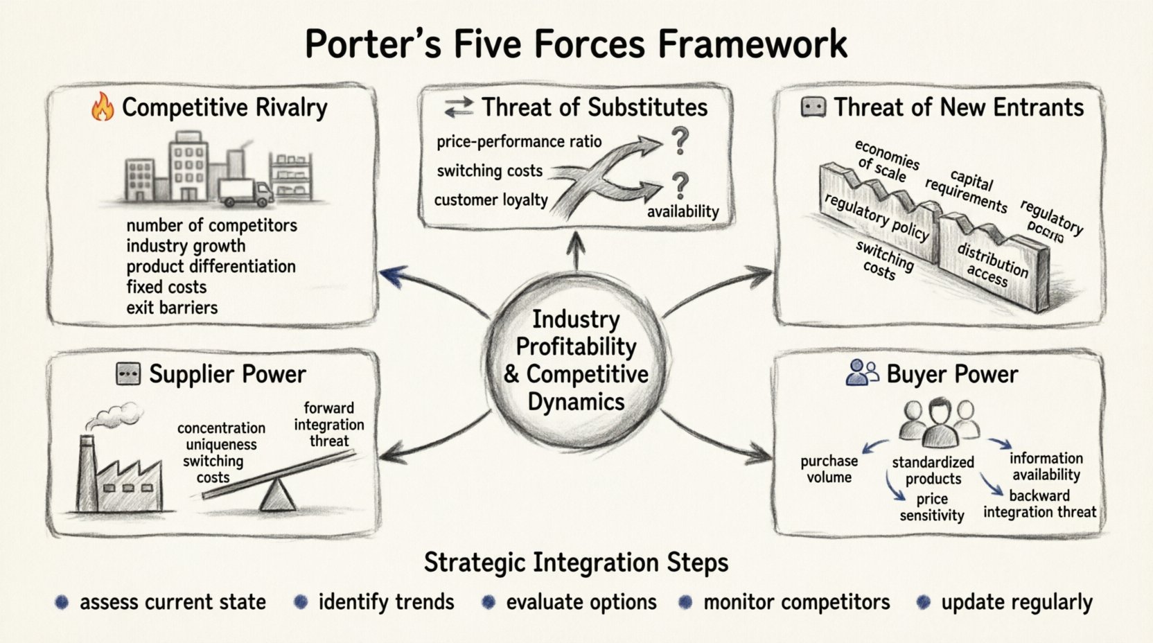Hand-drawn sketch infographic illustrating Porter's Five Forces framework: central hub showing industry profitability surrounded by five forces—competitive rivalry with factors like market growth and differentiation, threat of new entrants with barriers like capital and regulation, threat of substitutes with price-performance considerations, supplier power indicators, and buyer power leverage points—plus strategic integration steps for business analysis and planning